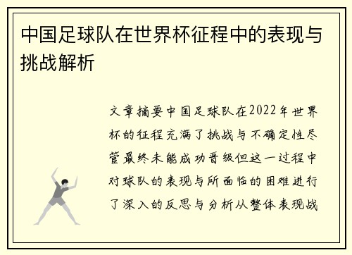 中国足球队在世界杯征程中的表现与挑战解析